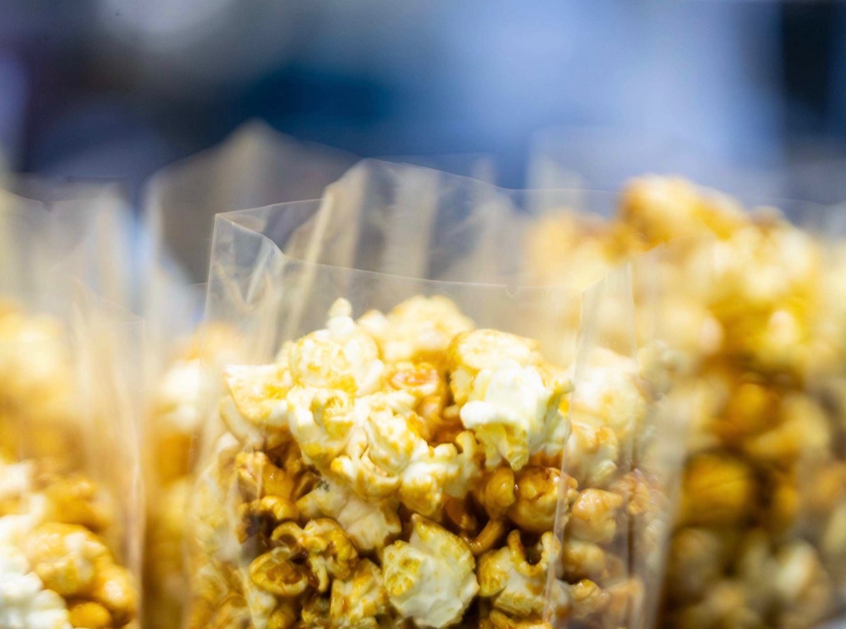 Close-up of Rad Pop popcorn packed inside a clear bag