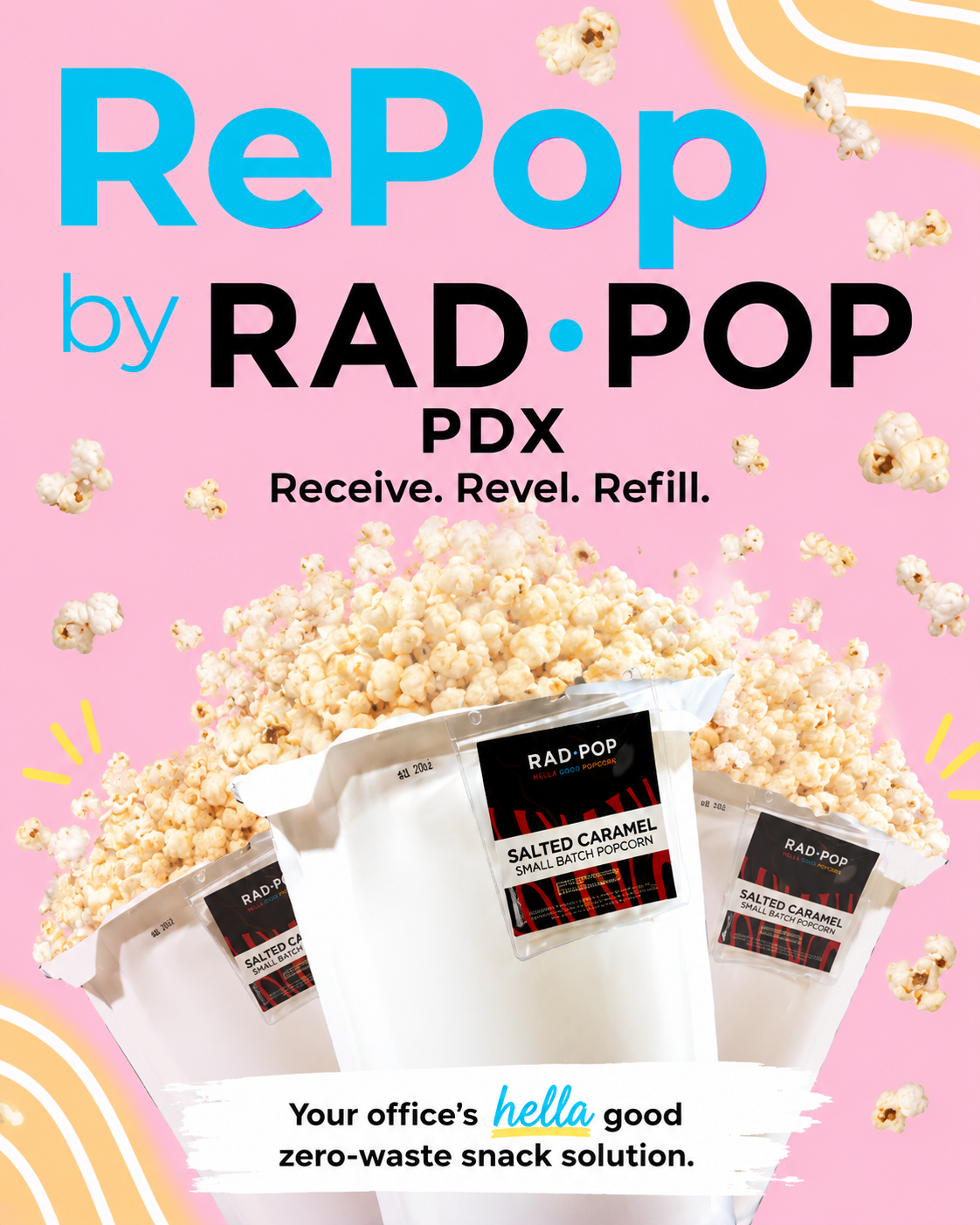 Rad Pop RePop office snack service graphic showing refillable popcorn service for workplaces